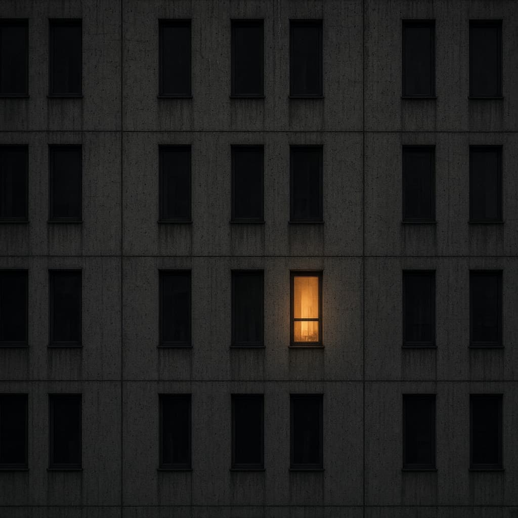 A concrete apartment facade at night with a single lit window.